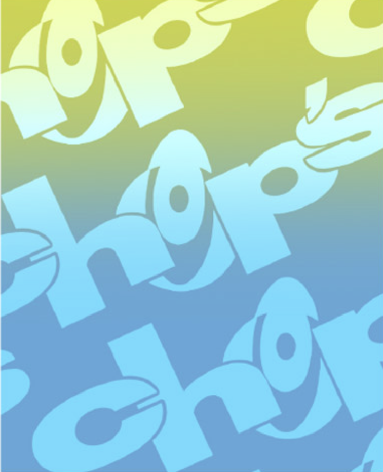 Text reading "chop's" in large, overlapping white letters against a gradient yellow to blue background.